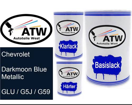 Chevrolet, Darkmoon Blue Metallic, GLU / G5J / G59: 500ml Lackdose + 500ml Klarlack + 250ml Härter - Set, von ATW Autoteile West.